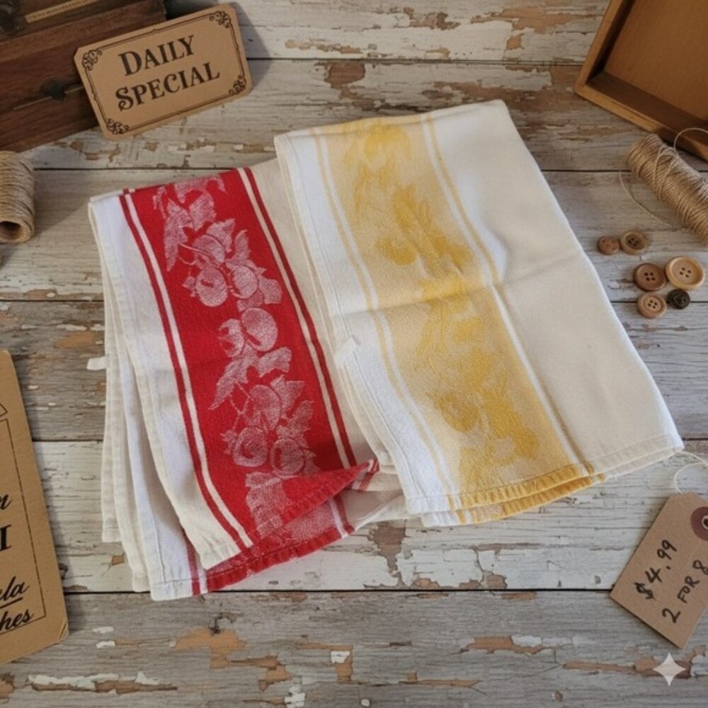 Vintage‎ Kitchen Towels Set of 2 Red Yellow Fruit Stripe Farmhouse Decor